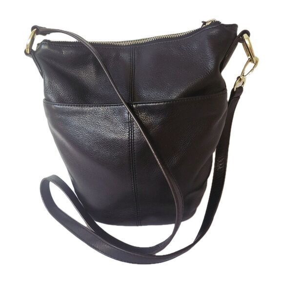 B. Makowsky Black Leather Crossbody Bag Gold Tone Hardware - Picture 2 of 10